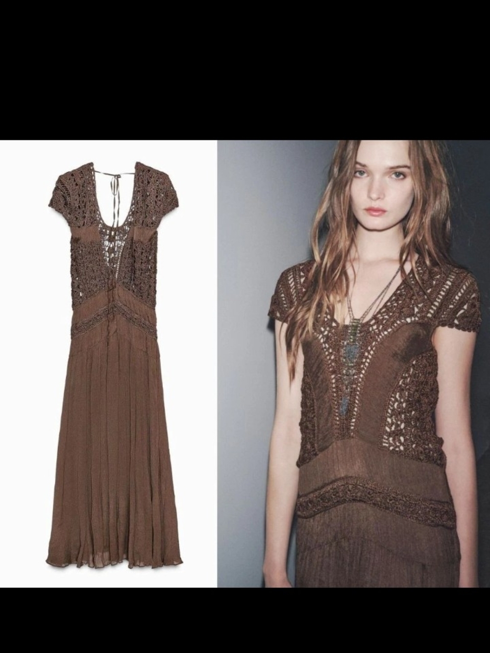 Zara Brown Crochet Lace Maxi Dress